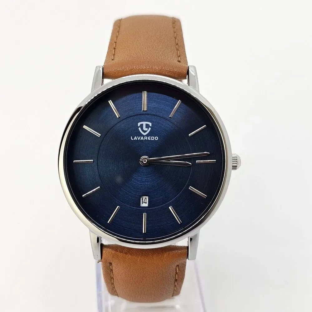 Men's Watch Minimalist 40MM Gray Case Blue Dial Date Light‎ Brown Leather Straps